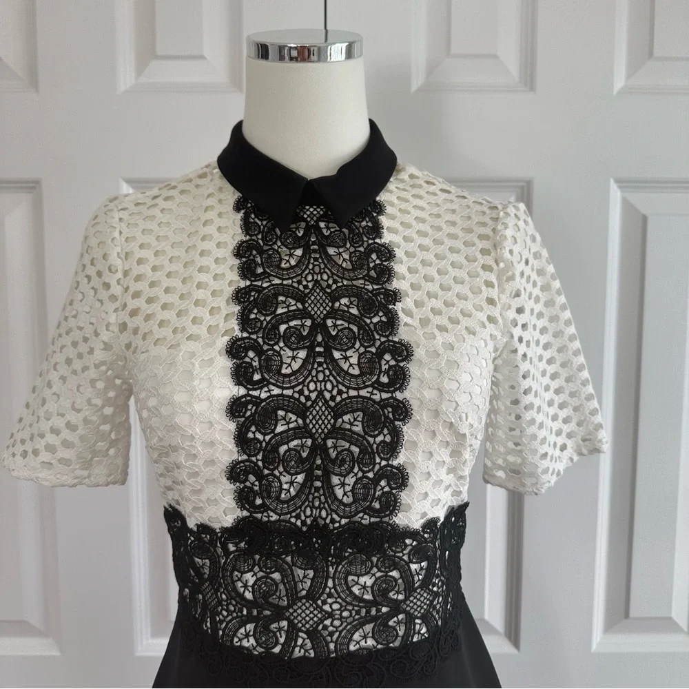 Zara As Seen on TV Black White Lace Crochet Cutout Sheath Dress Mock Neck Size S - Picture 3 of 13